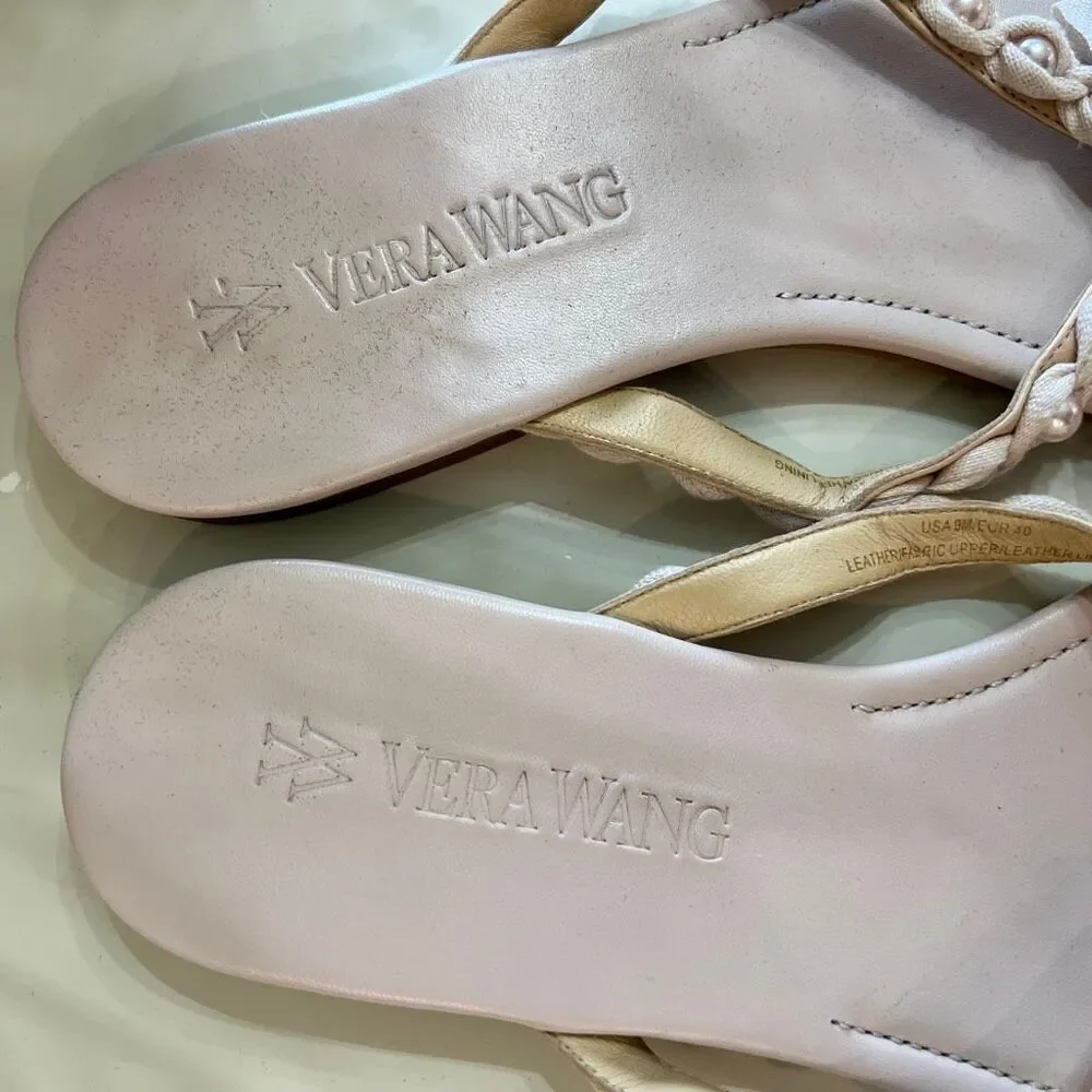 Vera Wang Women's Bow Faux Pearl Flip-flop T-strap Flat Sandals Beige Size 9